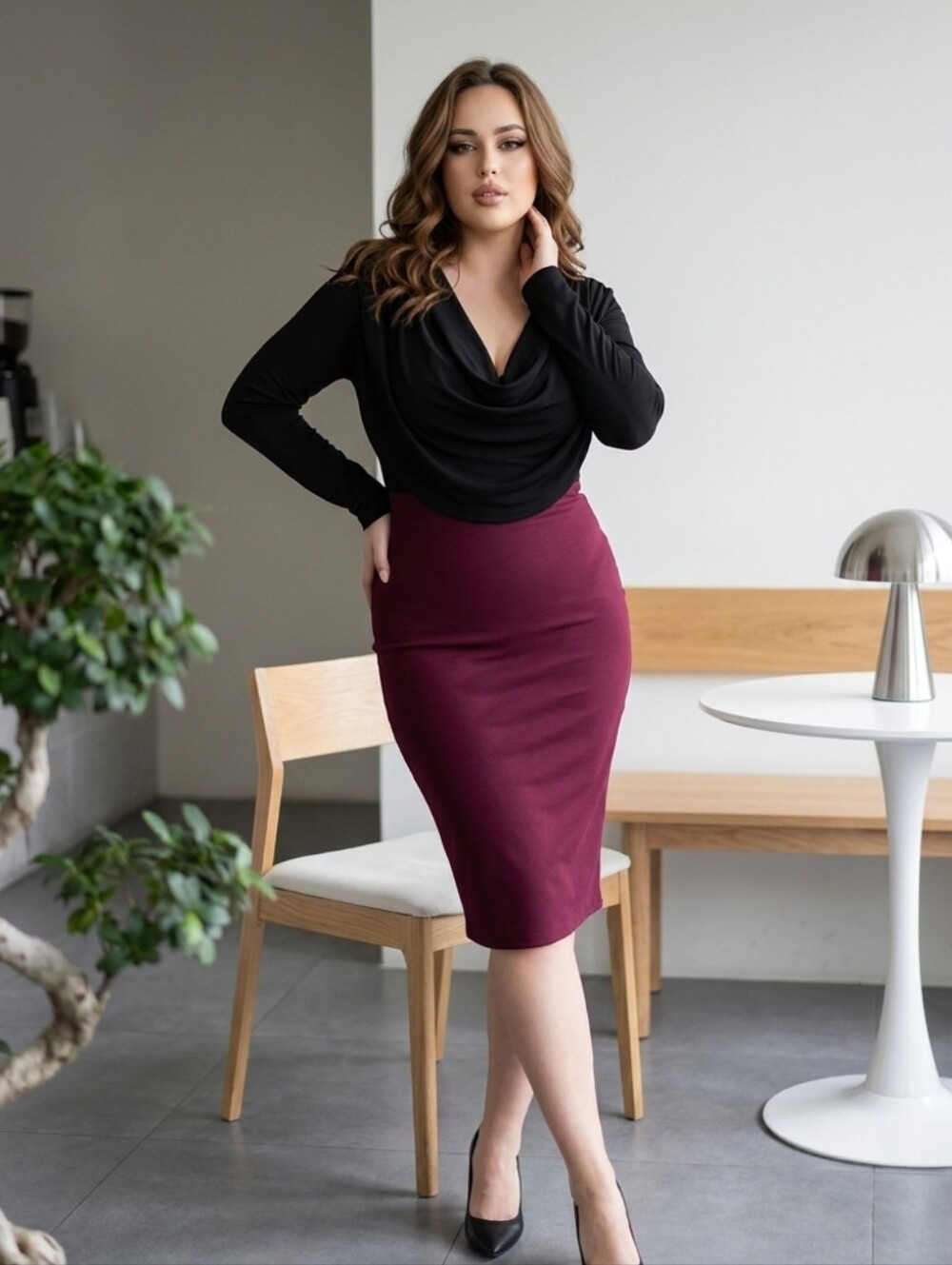 JustFab Black Top with Burgundy Pencil Skirt